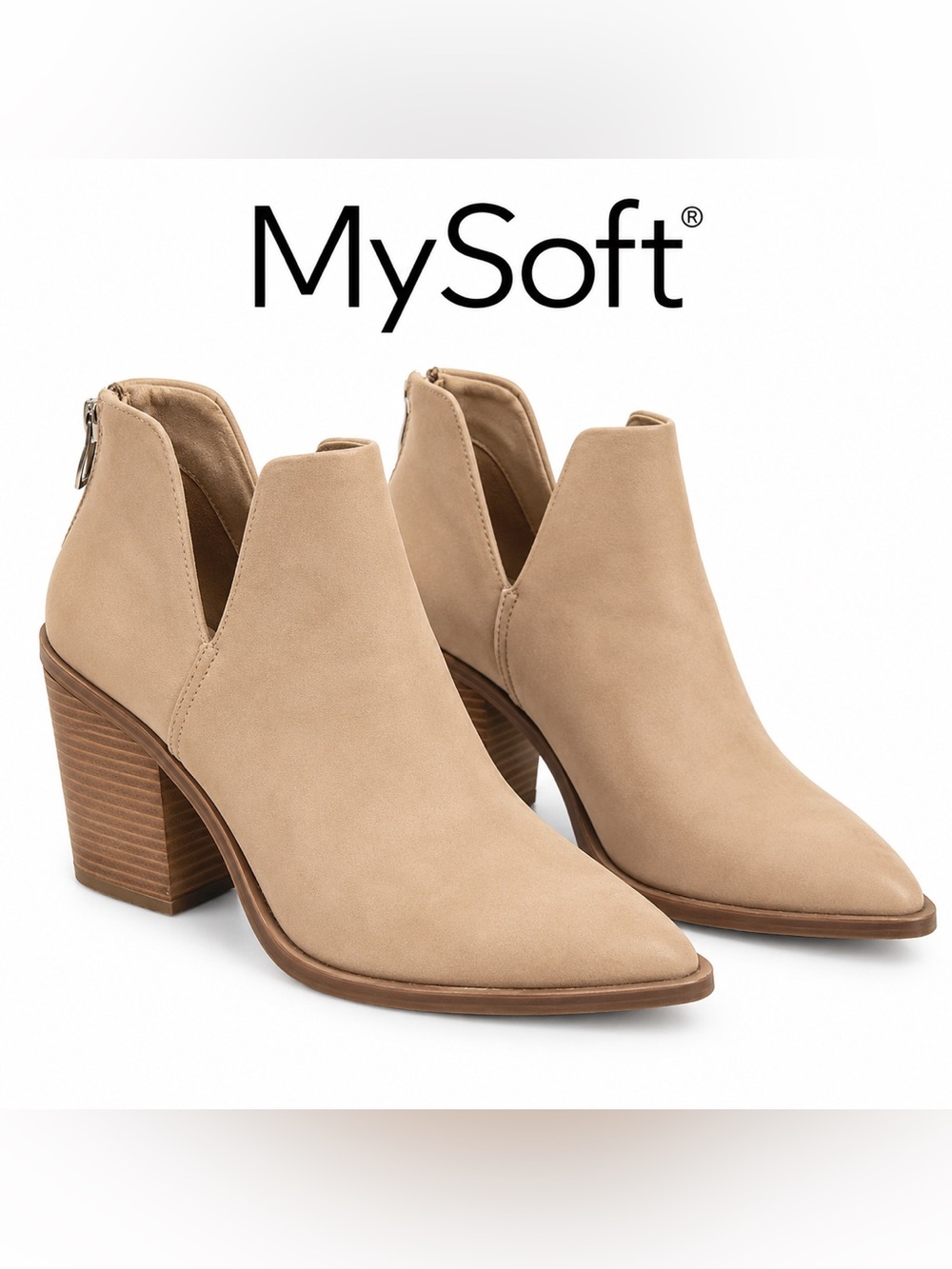 MySoft Women’s Size 8 Tan Pointed Toe Cutout Ankle Booties Block